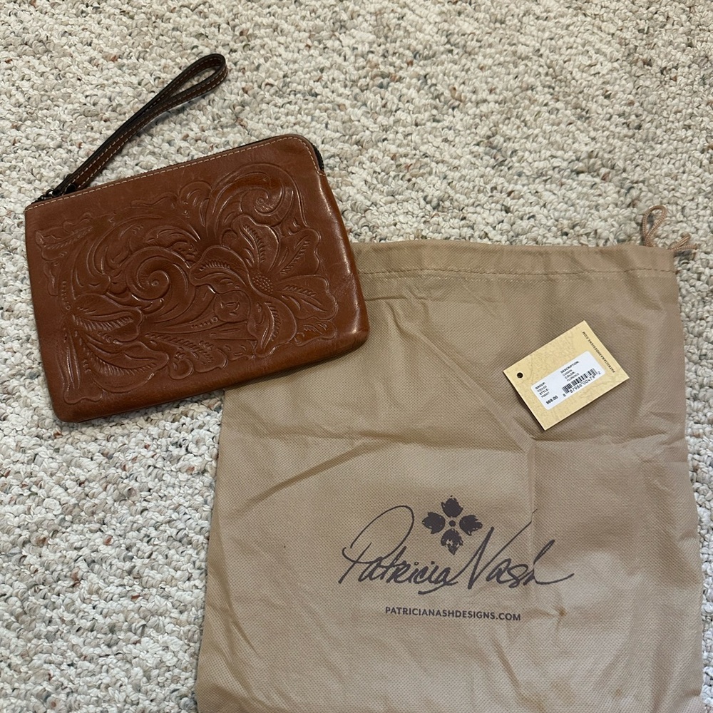 Patricia Nash Tan Embossed Leather Wristlet